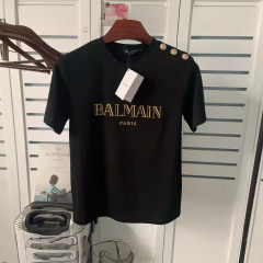 2025ss春夏新作バルマンbalmain半袖肩金バックル箔押しアルファベットコットンtシャツカップルモデル