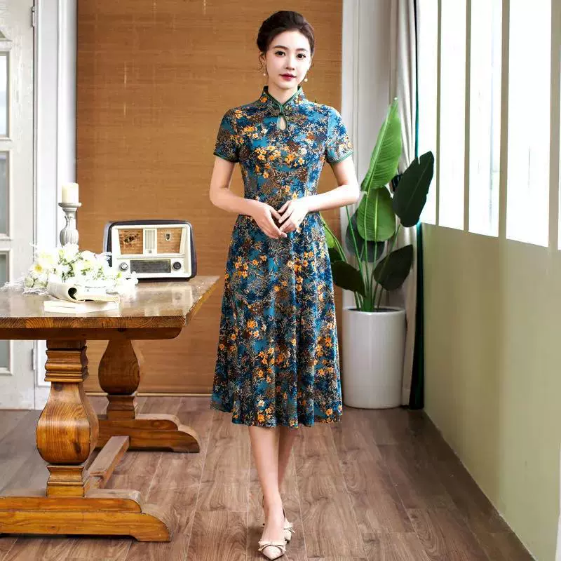 Новое летнее стильное улучшенное платье Cheongsam на пуговицах для мам среднего и пожилого возраста, свободное платье средней длины с короткими рукавами большого размера