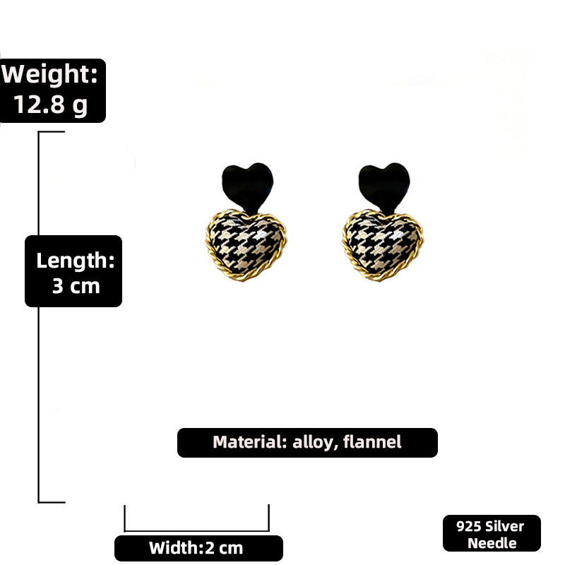 Fall Winter Retro Fabric Houndstooth Heart Earrings Fashion Color Contrast Checked Earrings display picture 2