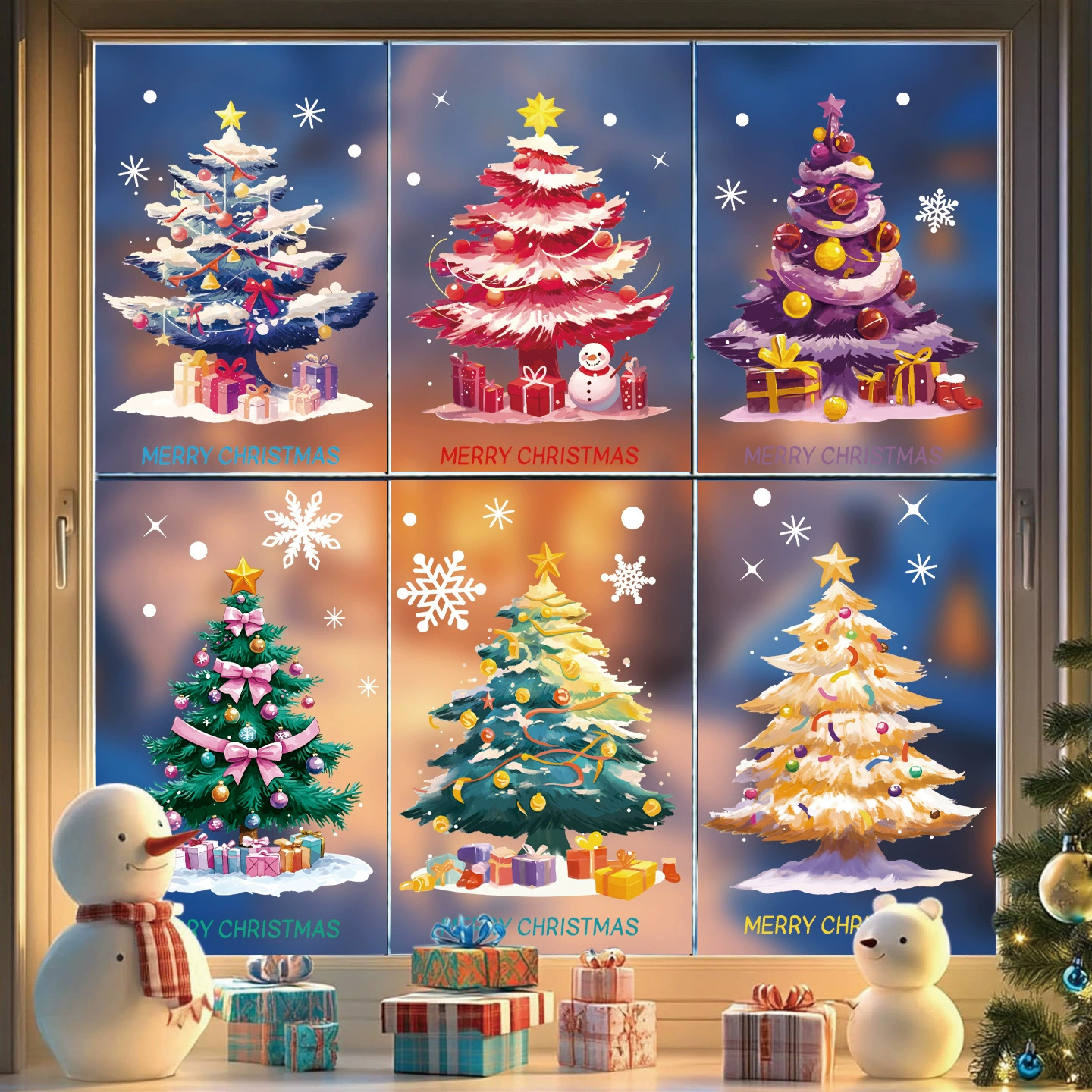 Рождественские декоративные стеклянные наклейки, красочные рождественские елочные украшения для окон, белые снежинки, статические наклейки для окон, трансграничный новый стиль