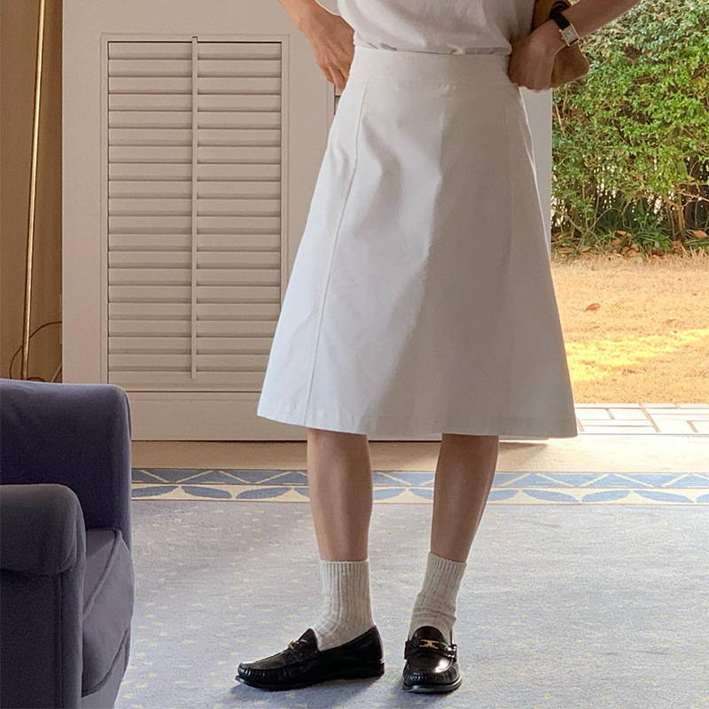 Homebody 26 Spring/Summer High-Waisted A-Line Skirt Commuting Solid Color Feve Cotton White Short Skirt Korean Commuting Style