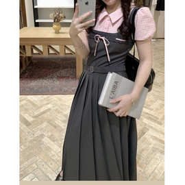 【暮色絮语】韩版假两件格子拼接连衣裙女2026夏翻领短袖百褶长裙