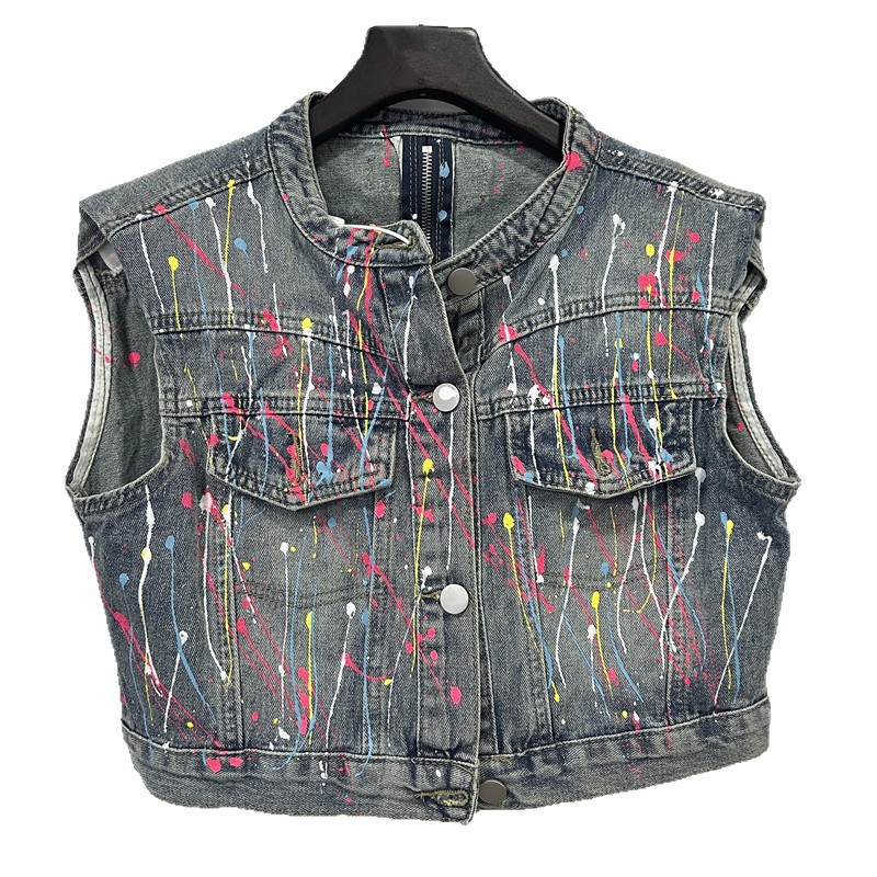 American Retro Graffiti Pintado a mano Diseño de nicho Chaleco de mezclilla Mujer Ropa exterior Nuevo estilo Estilo occidental Chaqueta de chaleco de moda Tendencia
