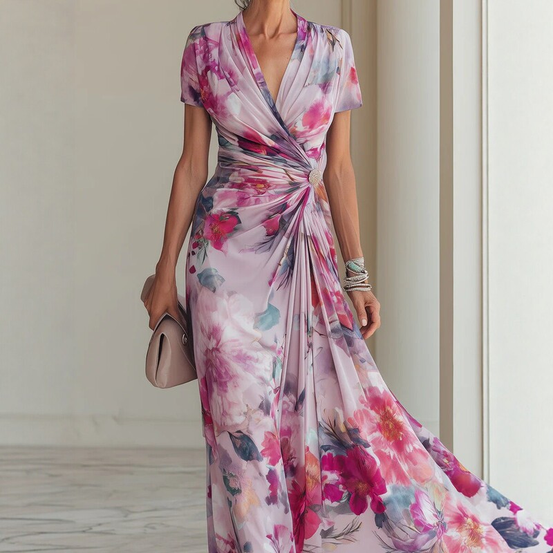 2026 French-style V-neck short-sleeve ink pink floral dress with twisted waist, drapey and flowing, suitable for vacation, long skirt with a full hem