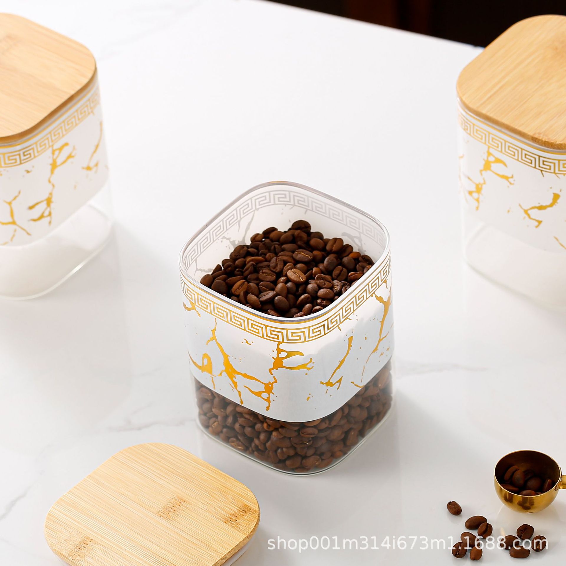 Tanque de sellado cuadrado de vidrio tanque de almacenamiento de exportación transfronterizo cubierta de madera tanque de almacenamiento de té de cocina condimento lata de café
