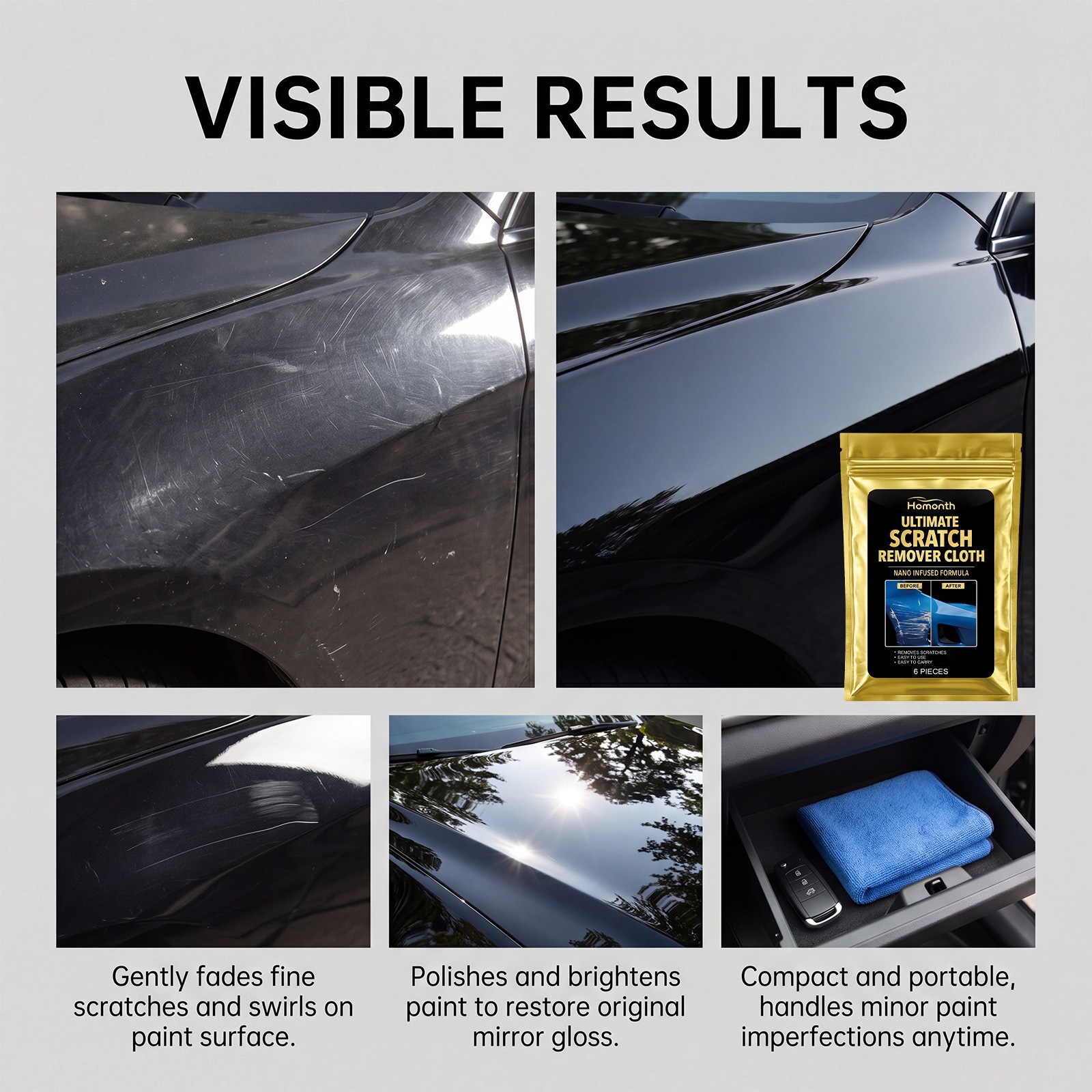 Homonth Car Scratch Care Cloth, Paint and Glass Surface Scratch Cleaning Cloth, Easy to Carry and Portable