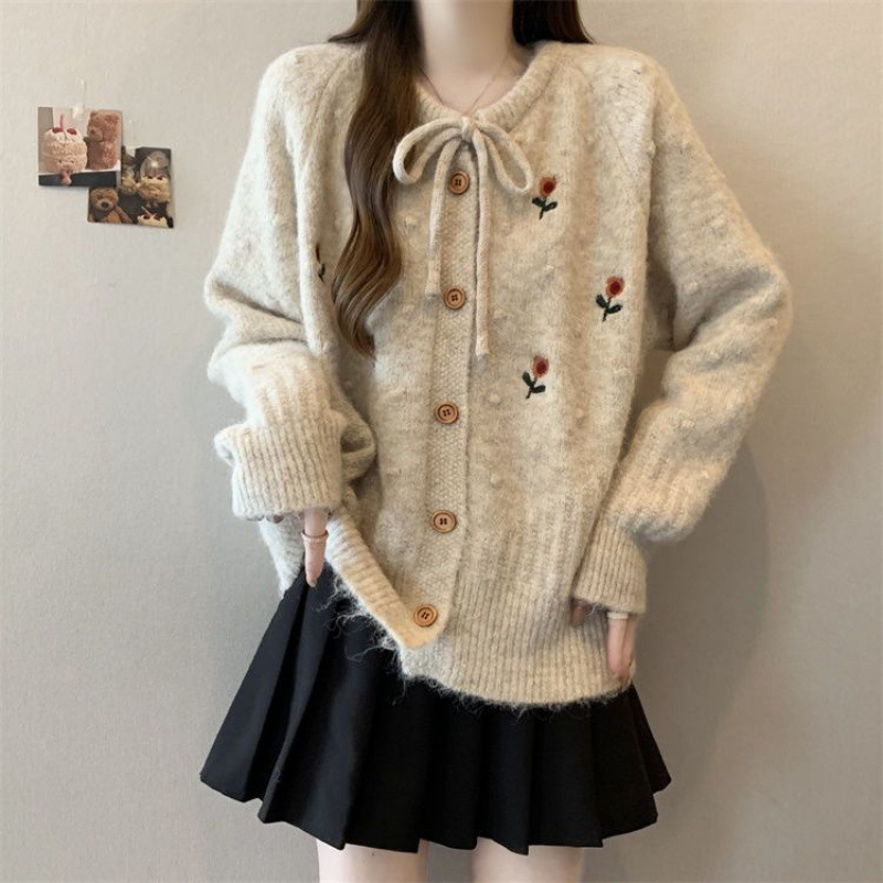 温柔风甜美绣花毛衣外套女秋冬2025新款韩系蝴蝶结针织开衫上衣服|undefined
