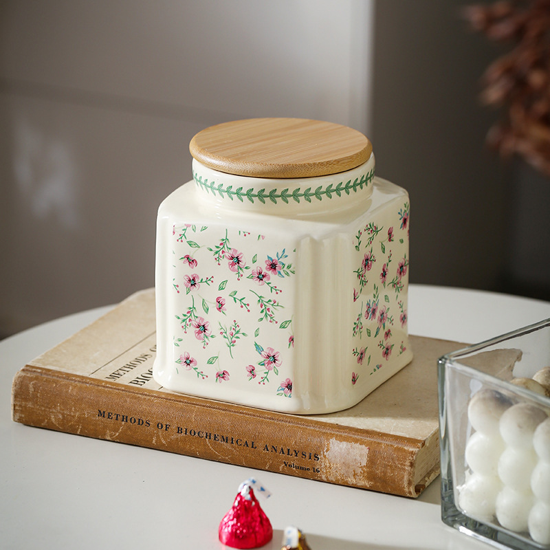 Cross-Border Ceramic Sealed Jar Kitchen Square Storage Jar Tea White Candy Cat and Dog Food Moisture-Proof Jar Decorative Ornament