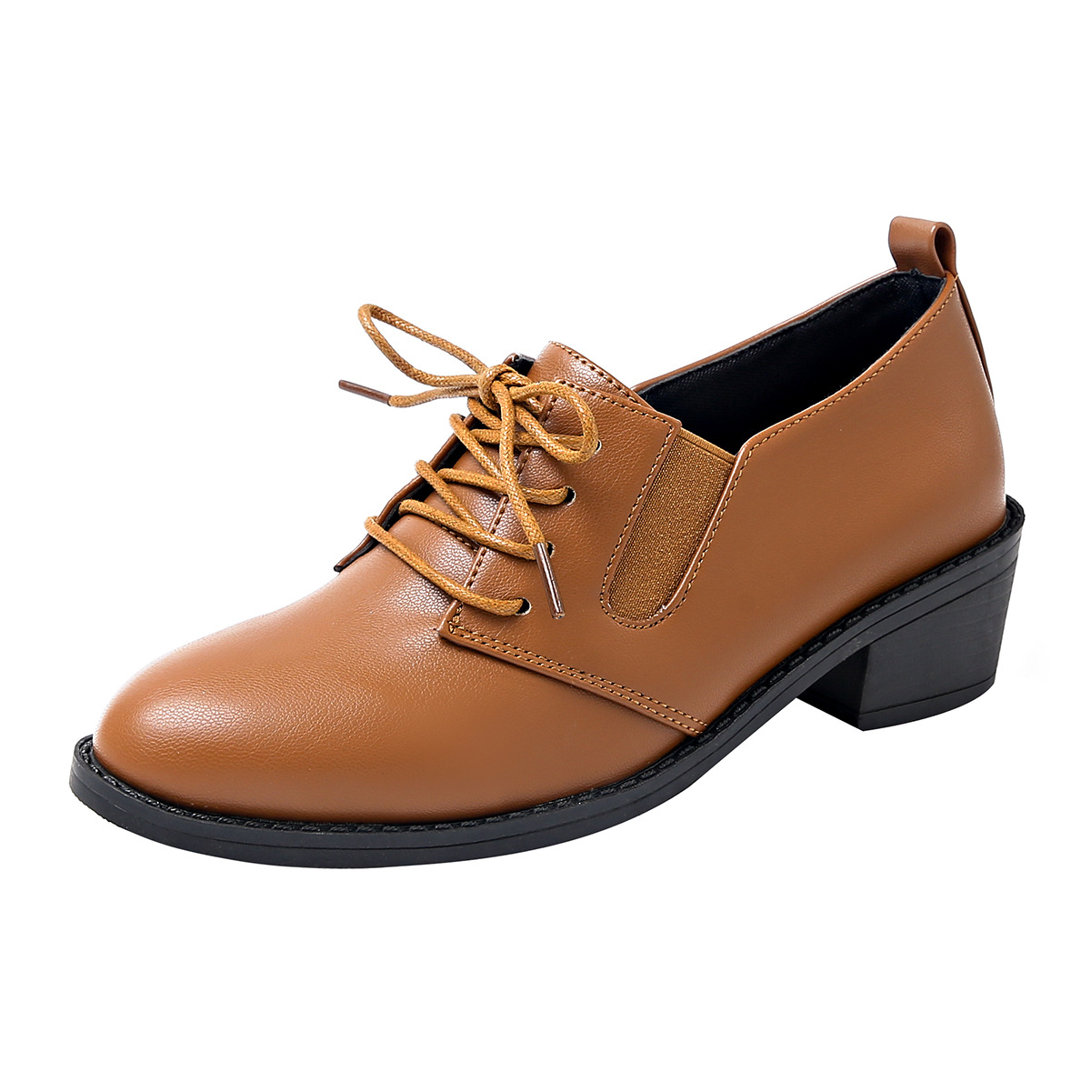 Damesschoenen met dikke hak en vetersluiting in retrostijl, gemaakt van leer, lage modellen, professionele uitvoering, plus size._voghion.com