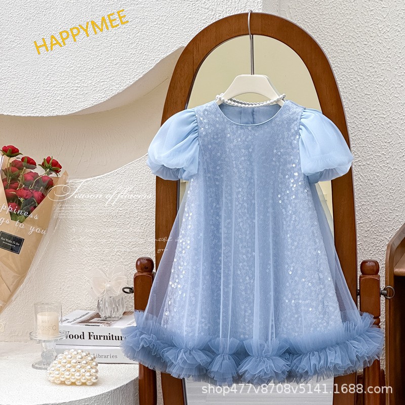 Girls' Dress Summer New Style Short-Sleeved Vest Dress Mesh Ice Queen Dress