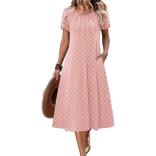 2026 Polka Dot Petal Sleeve Long Dress Mid-Length Dress Bohemian Style Polka Dot Sleeve Vacation Style Dress