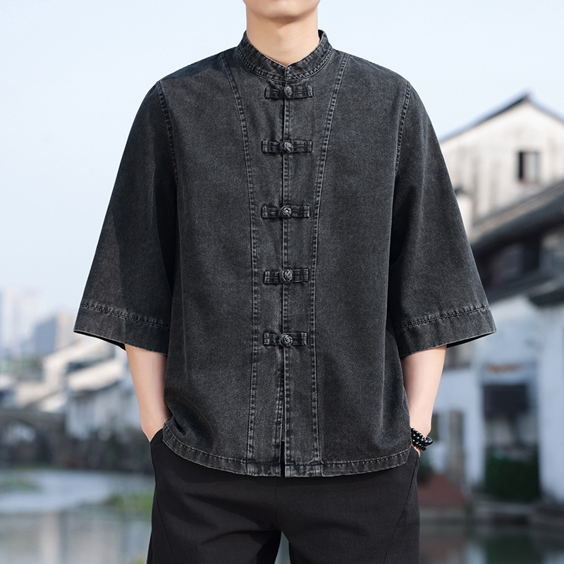夏季中国风男装牛仔七分袖衬衫盘扣立领上衣宽松大码男休闲两件套|undefined