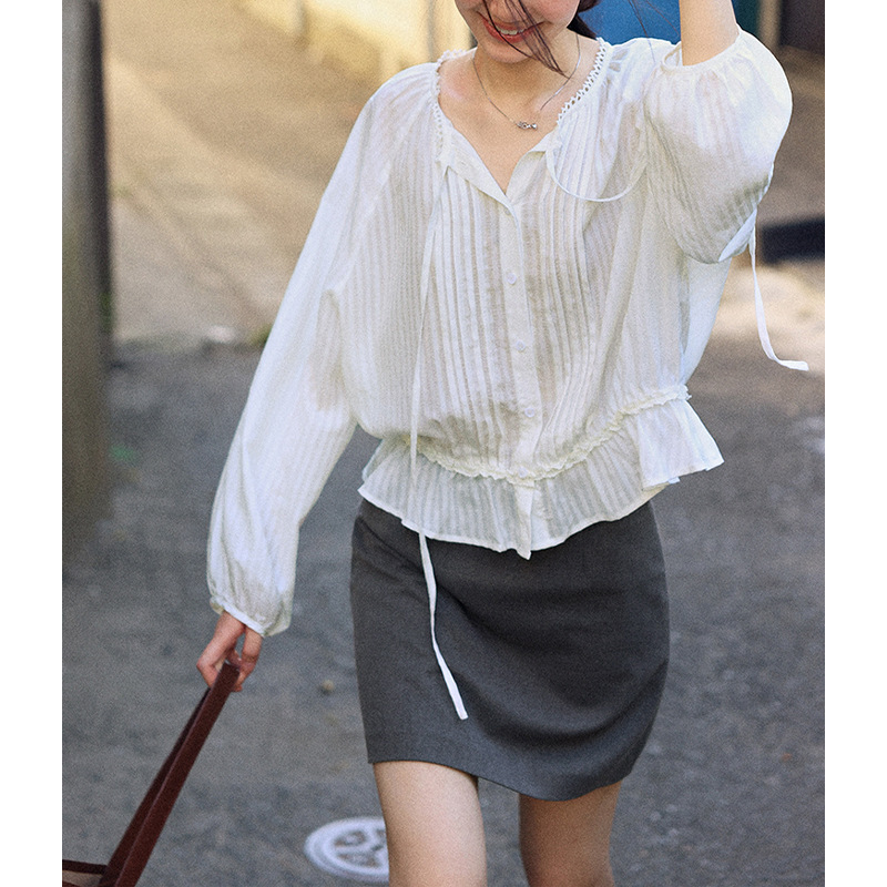 Hidden Romance Tencel French Lace Pleated Shirt Women's Early Autumn Casual Versatile Top