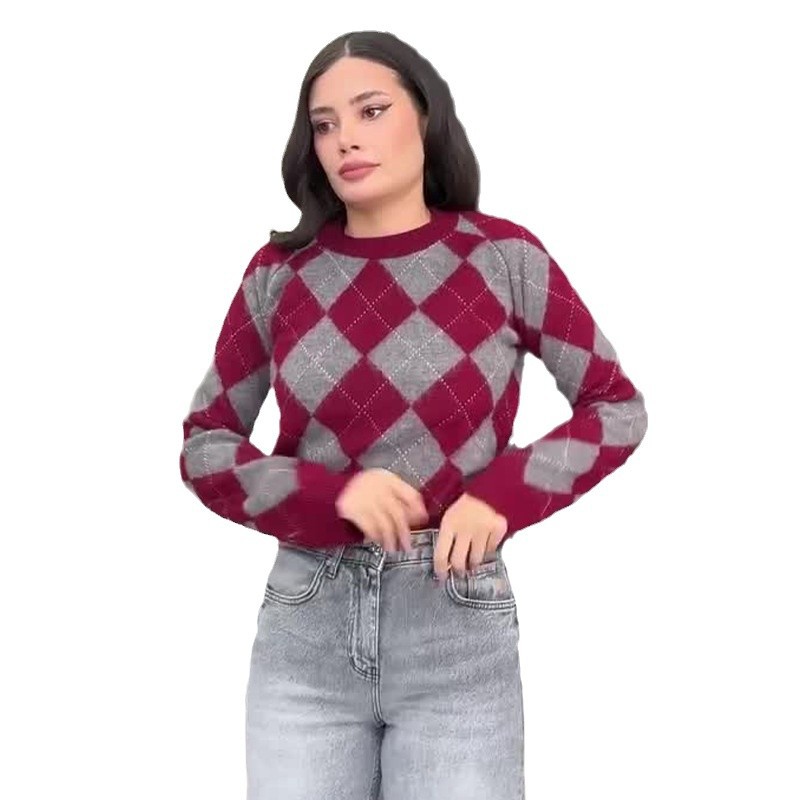 2024 otoño nuevo estilo europeo y americano amazon ropa de mujer transfronteriza moda contraste impresión de diamante suéter de base delgado