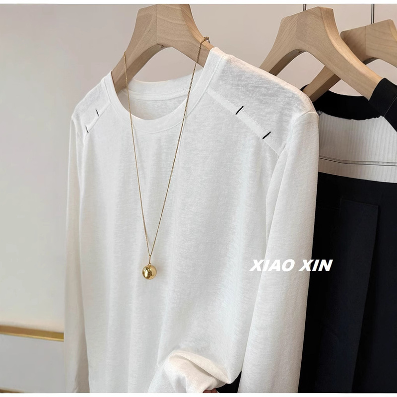 European high quality Shoulder Shoulder Shirt Decorative Loose White T-Shirt Women's Autumn and Winter New Fashionable Simple Ins Trendy