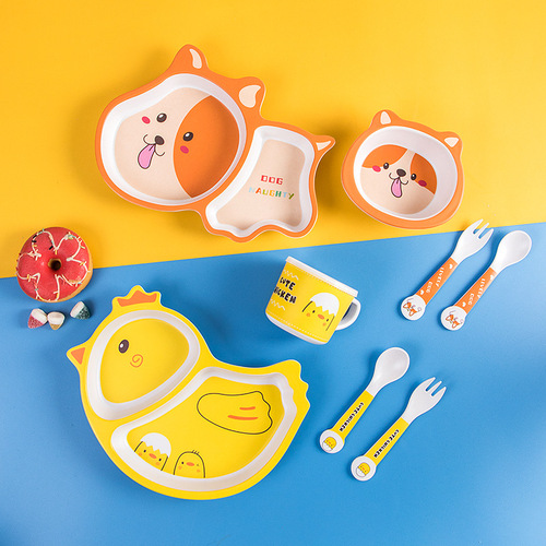 Bamboo fiber animal children's tableware set infant food bowl baby eating grid plate dinner plate spoon fork cup