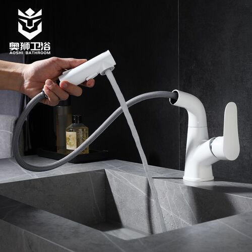 Luxury White Elevating Pull-out Tap Bathroom Sink Copper Cold and Hot Face Wash Basin Tap 