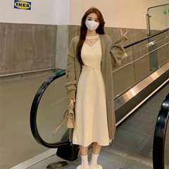 温柔风挂脖针织打底连衣裙子女2025新款秋冬气质显瘦内搭a字长裙