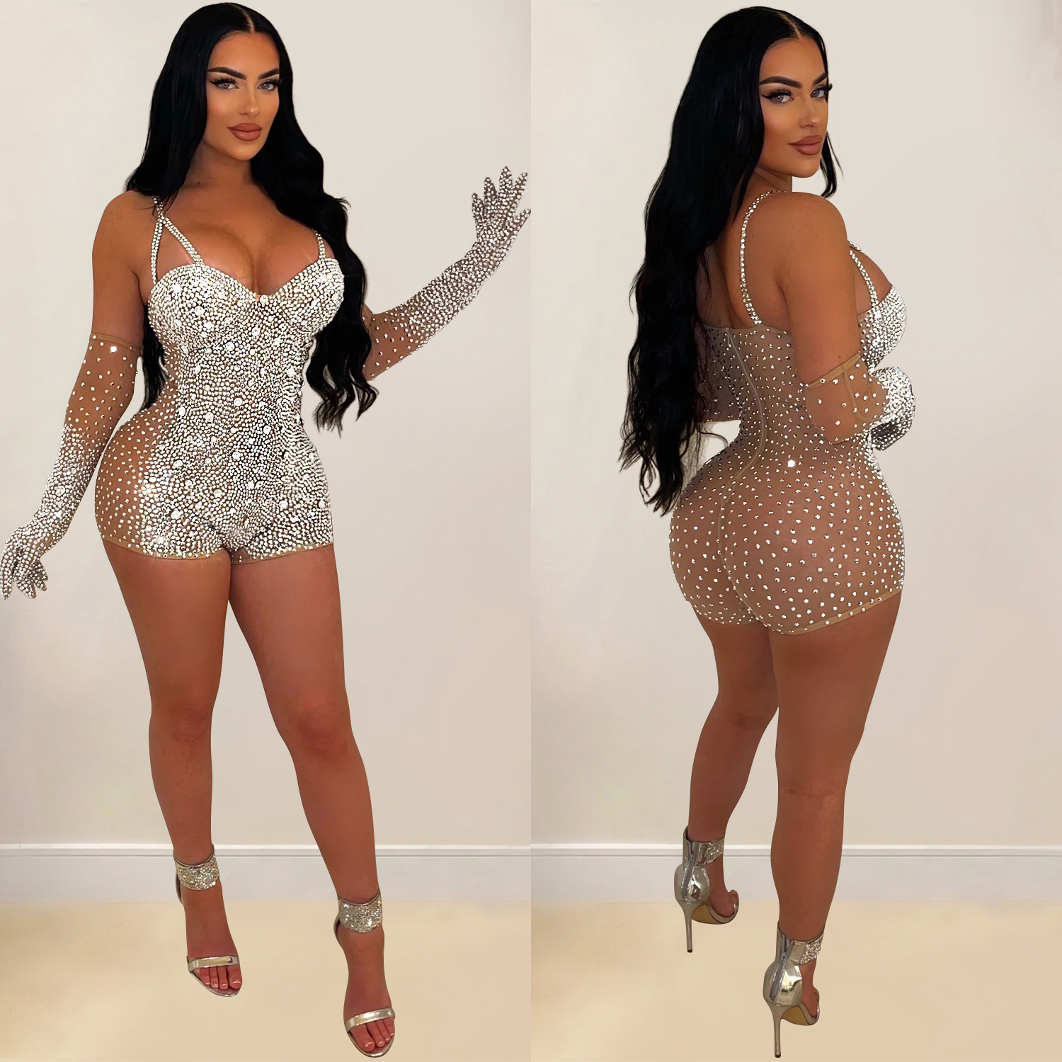 C6902 Aliexpress transfronterizo Amazon Europa y América de moda de mujer de color sólido malla de diamante transparente pantalones cortos monje