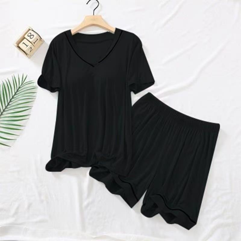 Pijamas de verano Pantalones cortos de manga corta para mujer con almohadilla en el pecho color sólido Delgado dulce suelto desgaste exterior simple traje de desgaste para el hogar