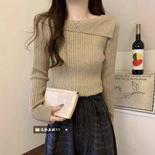 一字肩针织打底衫女秋装不规则内搭毛衣法式高腰正肩锁骨长袖上衣
