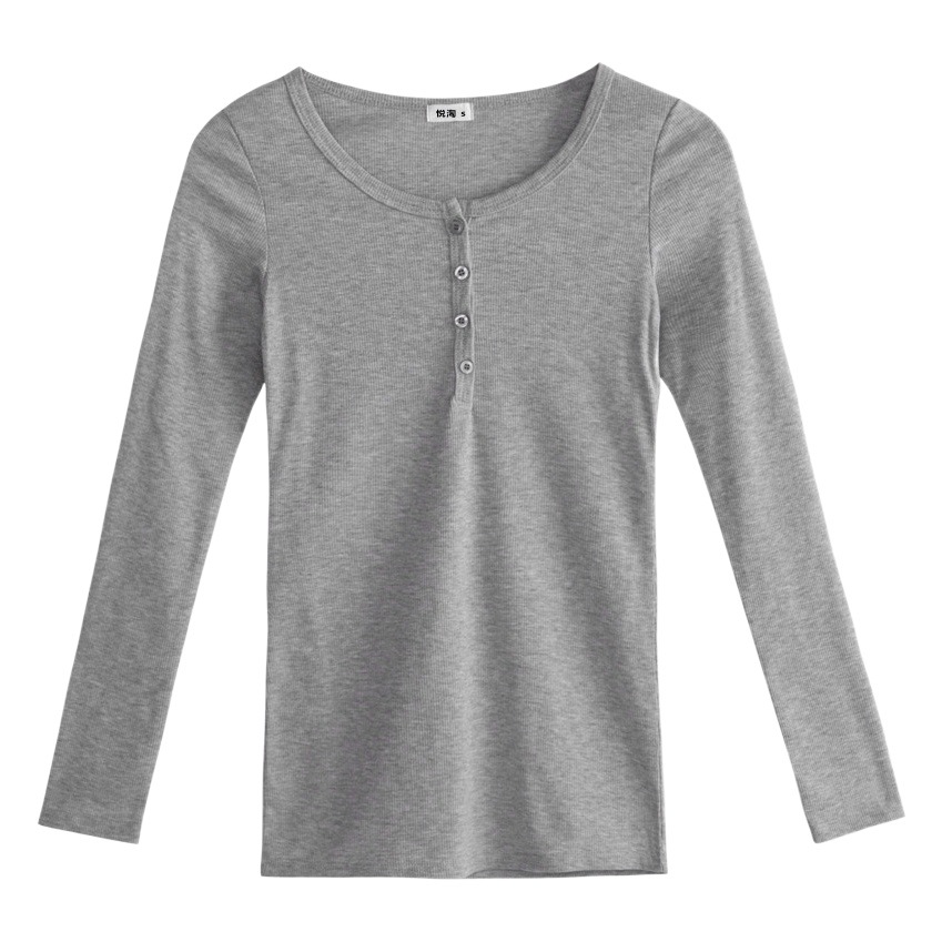 Camiseta de manga larga con botones para mujer, de algodón premium acanalado, otoño-invierno 2026, versátil, ajustada y adelgazante.