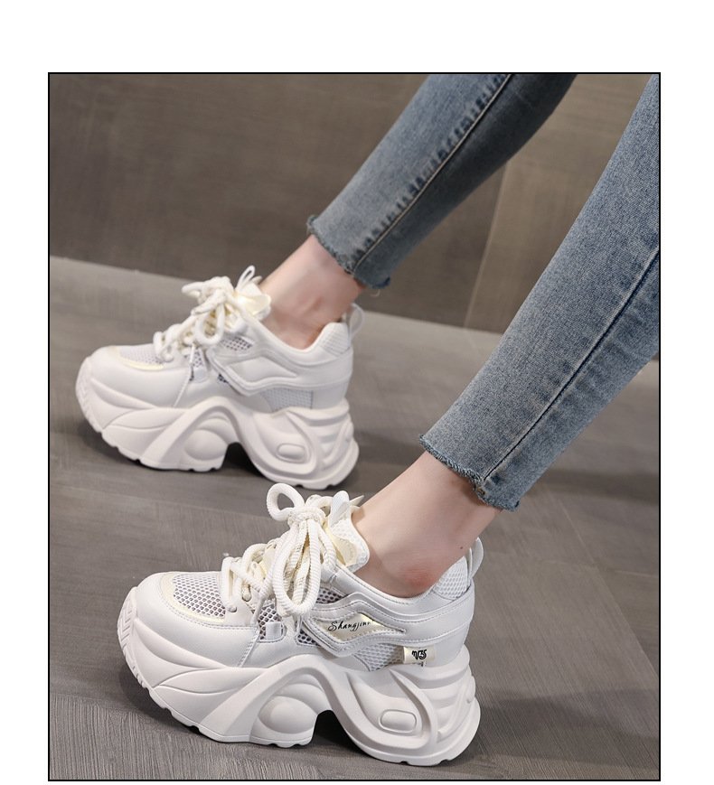 Giày sneaker nữ đế dày tăng chiều cao lưới thoáng khí — Màu vàng trắng chi tiết 12