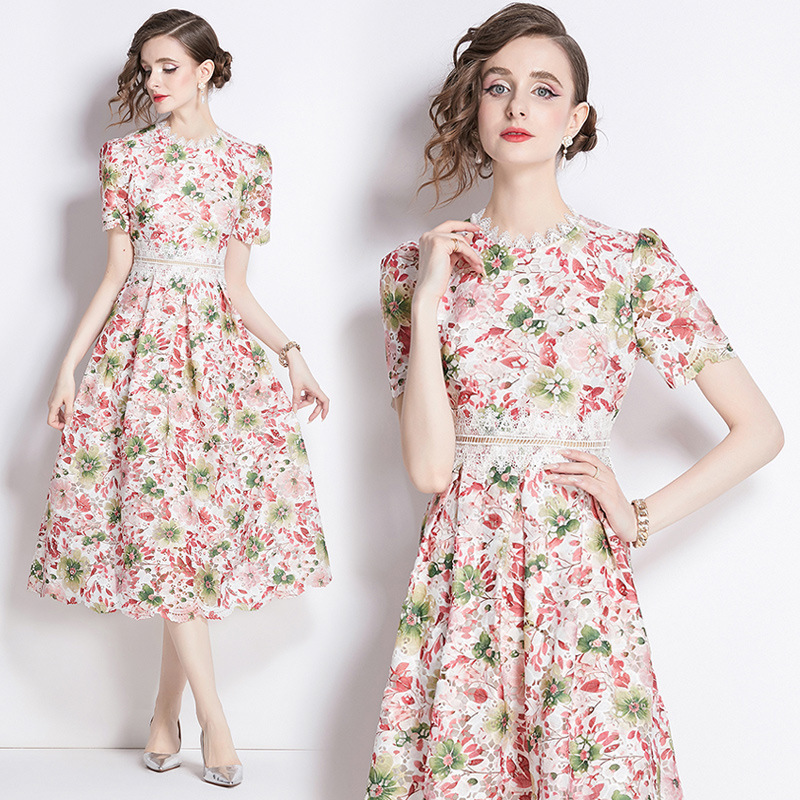 2024 Summer Puff Sleeve Hollow Embroidery Pink Printed Water-soluble Lace Lace Long Dress with dress Collar