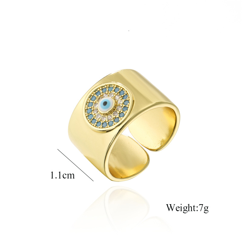 Aogu Cross-Border New 18K Gold Plated Copper Micro-Inlaid Ornament 11mm Wide Open Devil Eye Ring for