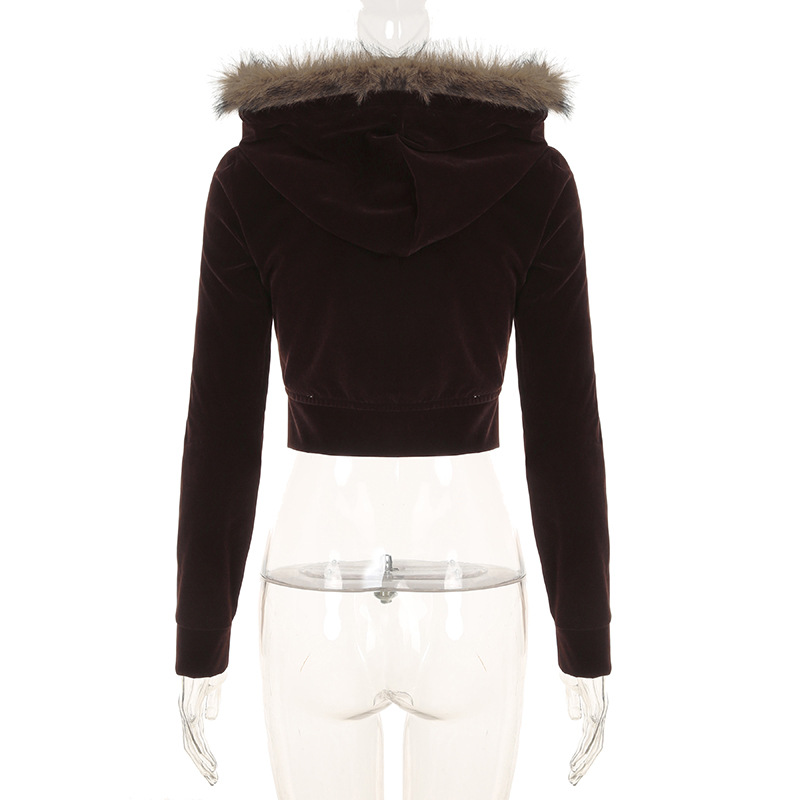 Women Fur Stitching Hooded Zip Cardigan Pocket Design Jacket Autumn Winter Solid Color Sexy Velvet Coat
