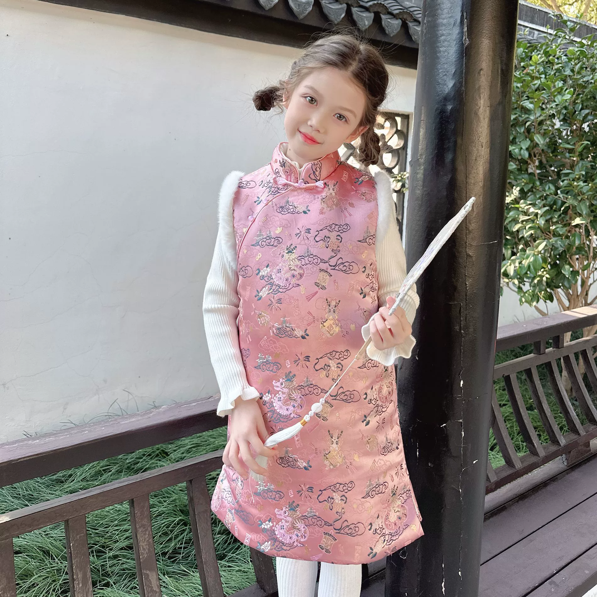 Дракон Новогодняя юбка чонсам хлопок толстый розовый девушка вышитая парча зимняя детская новогодняя одежда годовая одежда