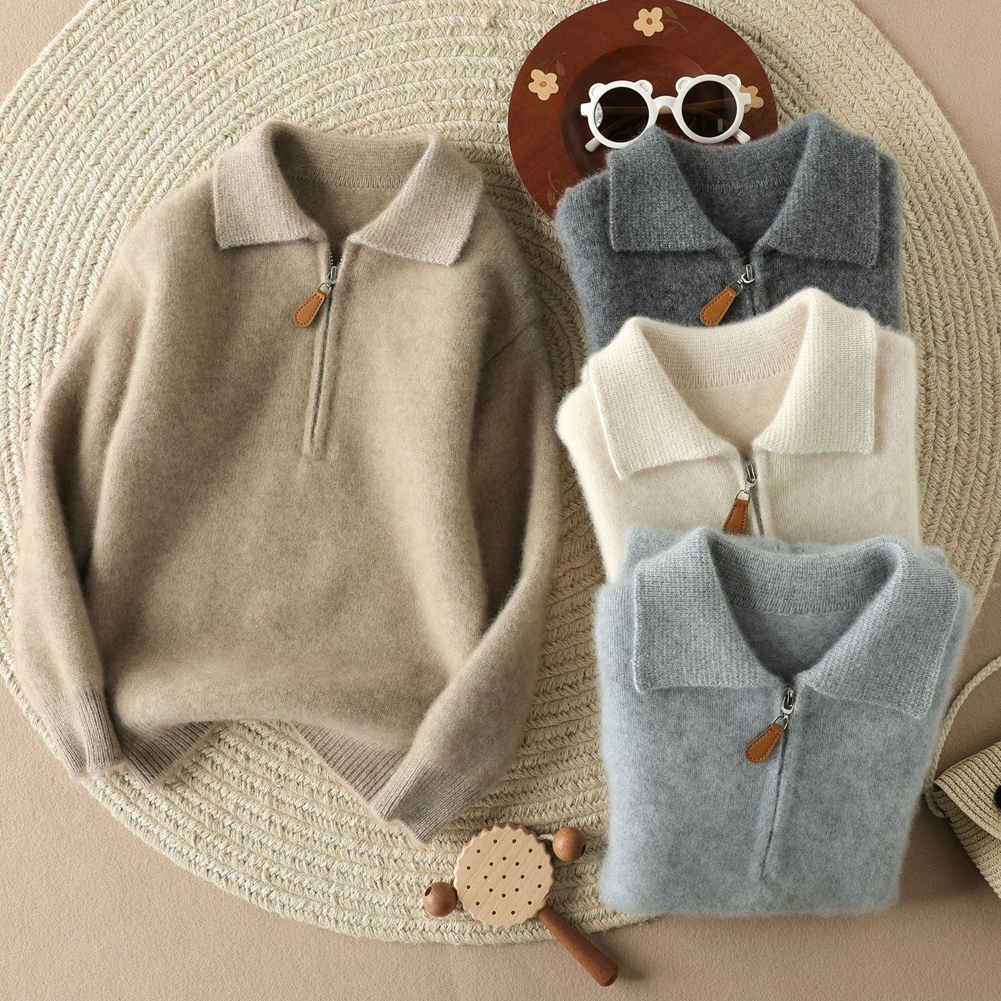 Children's half-zip wool knit sweater, boys and girls, polo collar base layer, solid color, simple and stylish sweater for medium and large children.