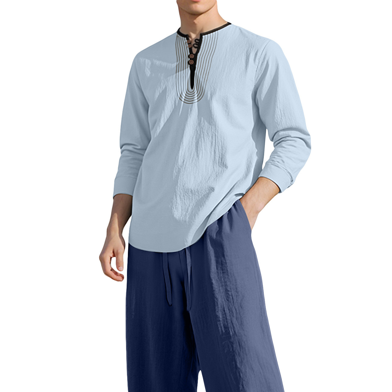 Nuevo transfronterizo Europa y América Amazon cuatro estaciones lino hombre relajado transpirable manga larga camisa larga juego de playa