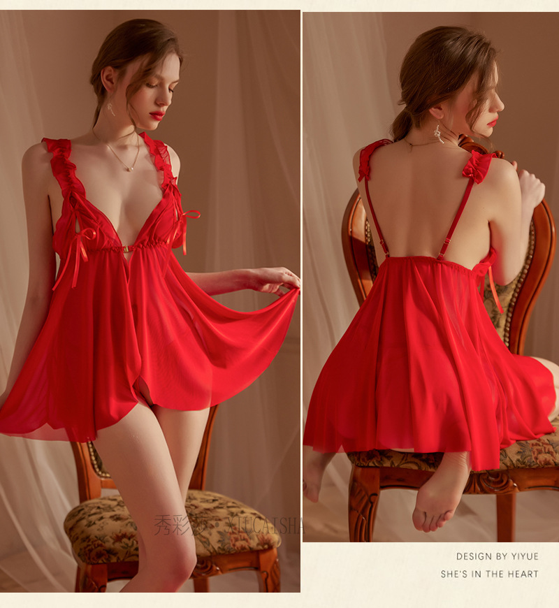 See-Through Mesh Lingerie Set with Suspender Skirt, Backless Babydoll, Stockings Included — detail image 18