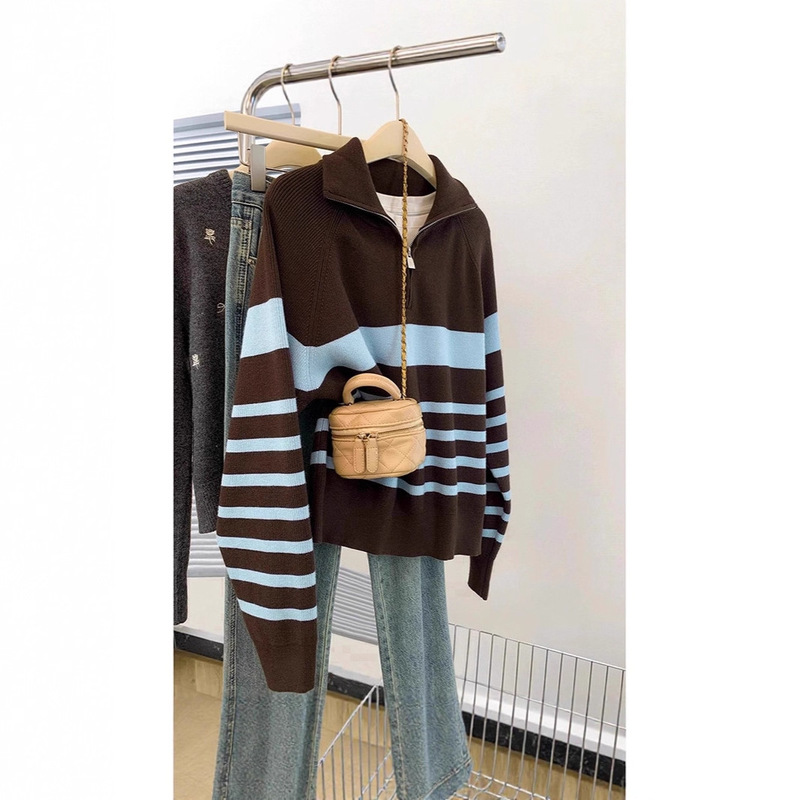 Striped Half-Zip Lapel Large Size Knitwear Jacket for Women Autumn and Winter 2025 New Lazy Style Outer Wear Thickeneded Knitwear