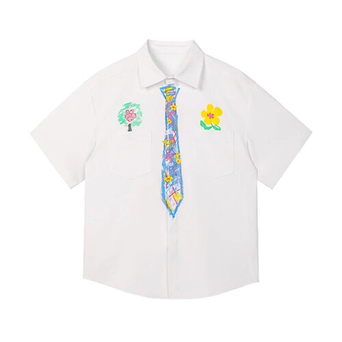 Crayon Hand-drawn Tie Short Sleeve Shirt Men Summer College Style Printed T-shirt Loose Plus Size Fun Doodle Shirt