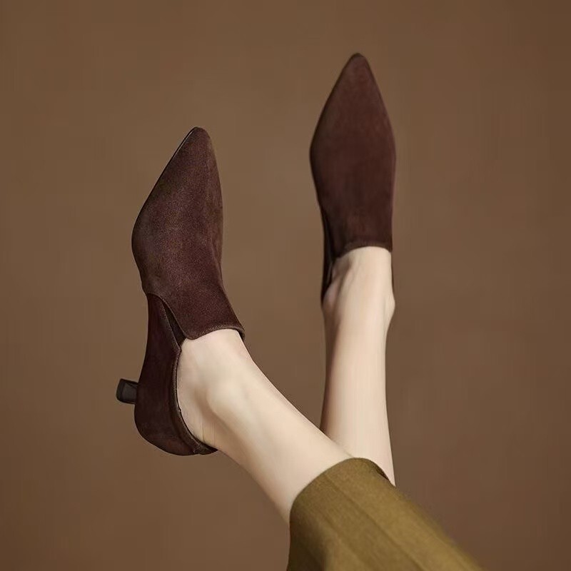 Elegant stiletto high-heeled shoes, soft leather suede pointed-toe deep-cut single shoes for women, soft leather mid-heel ankle boots for work Elegant stiletto high-heeled shoes, soft leather suede pointed-toe deep-cut single shoes for women, soft leather mid-heel ankle boots for work