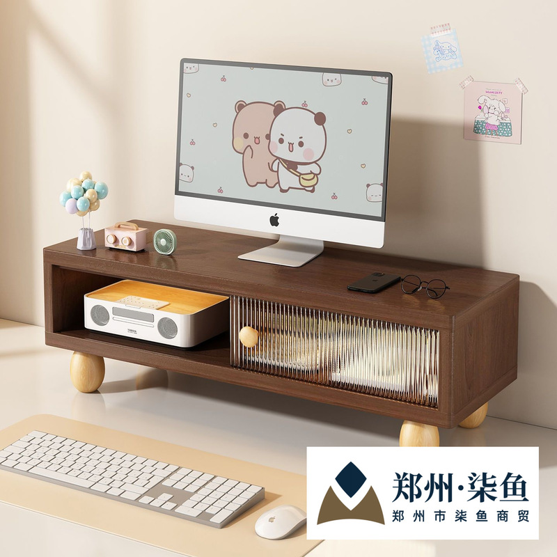 Desktop Computer Monitor Elevated Office Desktop Workstation Notebook Stand Sliding Door Storage Rack with Drawer
