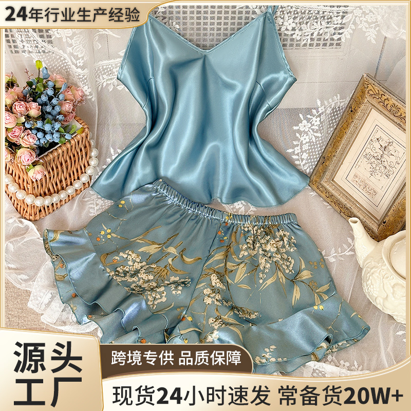 New Printed Pajamas for Women, Fashionable Suspender Shorts, Cross-Border French Simple and Light Luxury Two-Piece Home Wear Set