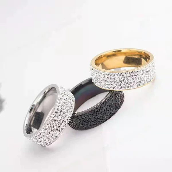 European and American Supply 8mm Wide 5-Row Diamond Titanium Steel Ring Fashion Clay Diamond Stainless Steel Jewelry Ring Wholesale