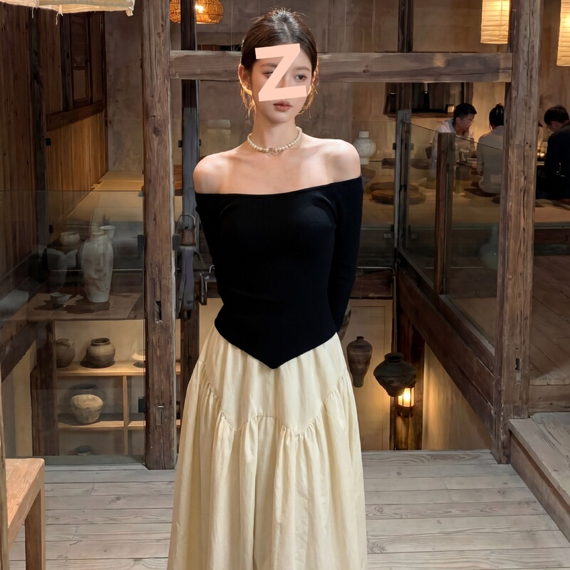 Black and white contrast off-shoulder dress for women, autumn French style, elegant and sophisticated, cool and high-end A-line long dress