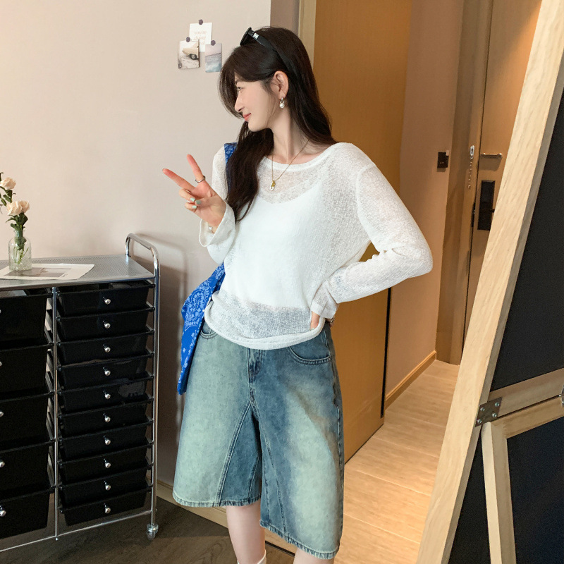 European Discount Thin Slightly See-Through Round Neck Long-Sleeved Knitwear for Women 2025 New Air-Conditioned Sun Protection Blouse Outer Top