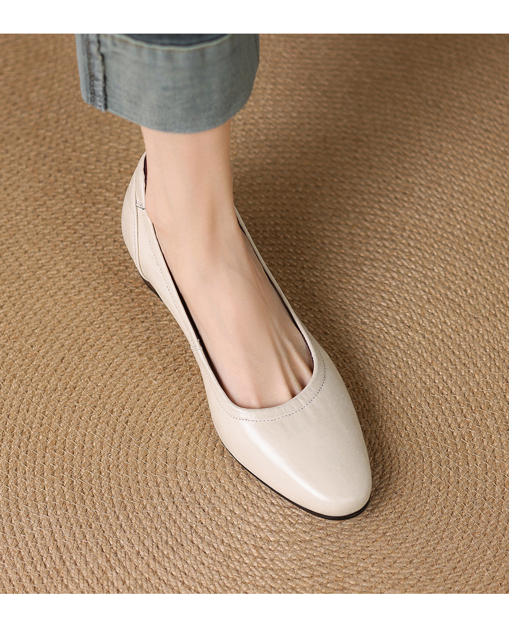 Giày da bò gót thấp 3,5 cm mũi tròn gót vuông miệng nông cho nữ — Màu đen chi tiết 9