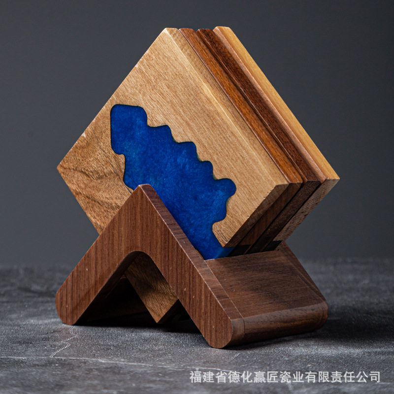 Resina transfronteriza almohadilla de taza de río piedra árbol de Navidad madera sólida empalme epoxi simple transparente almohadilla de taza de té cuadrada