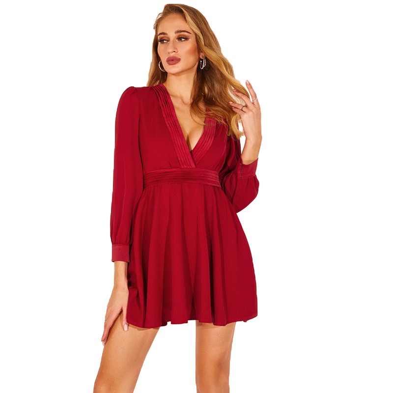 歐美獨(dú)立站跨境女裝貨源長袖連衣裙深V收腰氣質(zhì)A字禮服裙一件代發(fā)