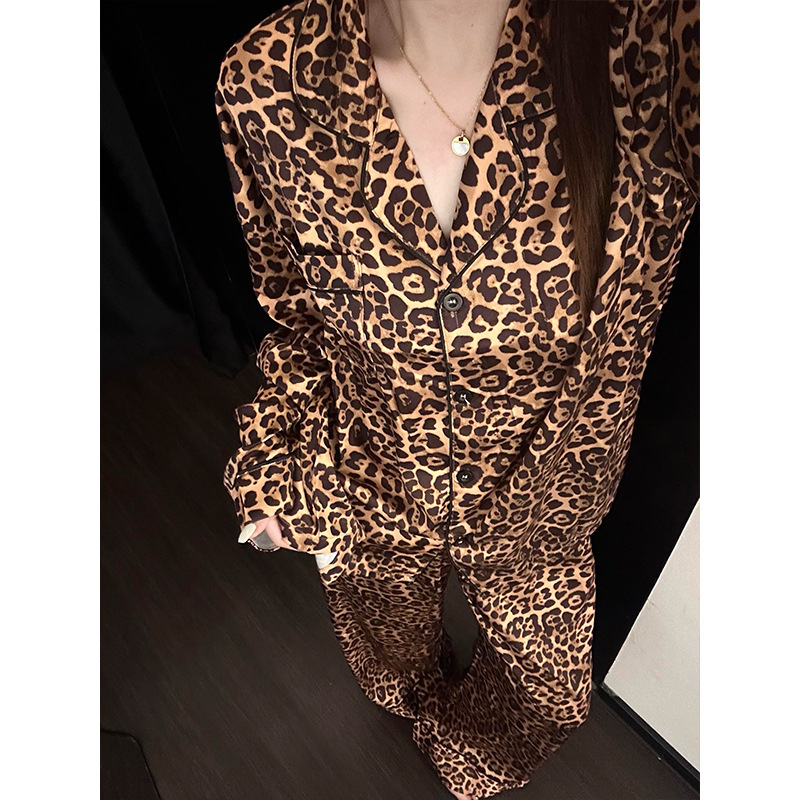 纯欲网红高级豹纹冰丝睡衣长袖女秋季薄款休闲长裤家居服大码套装|undefined