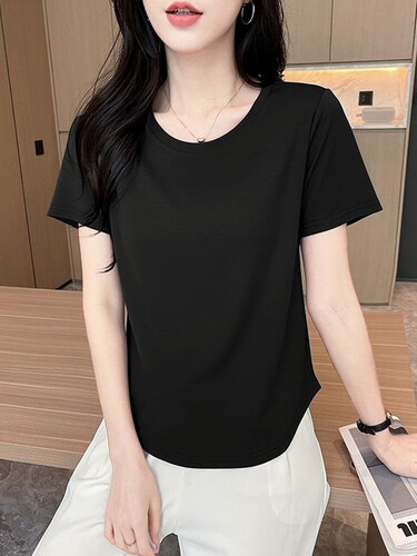 Cotton short-sleeved loose round neck base curved T-shirt summer new style hem slimming straight shoulder top for women
