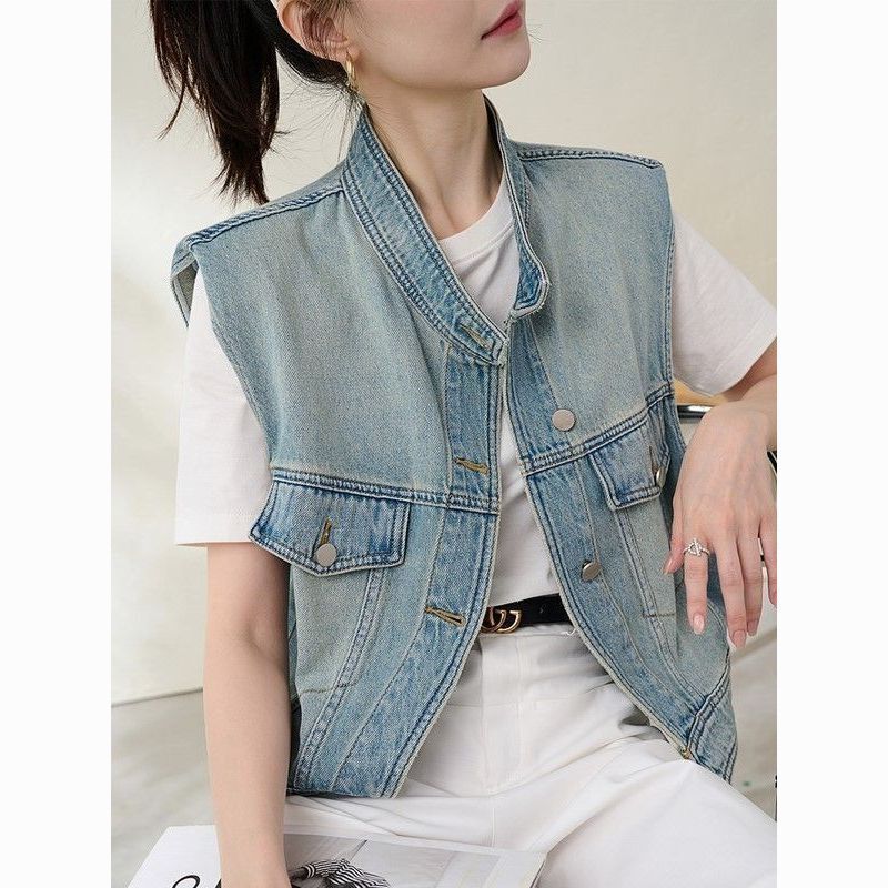 European vintage distressed shoulder pad denim waistcoat women's 2024 spring and summer collar waistcoat loose sleeveless irregular coat