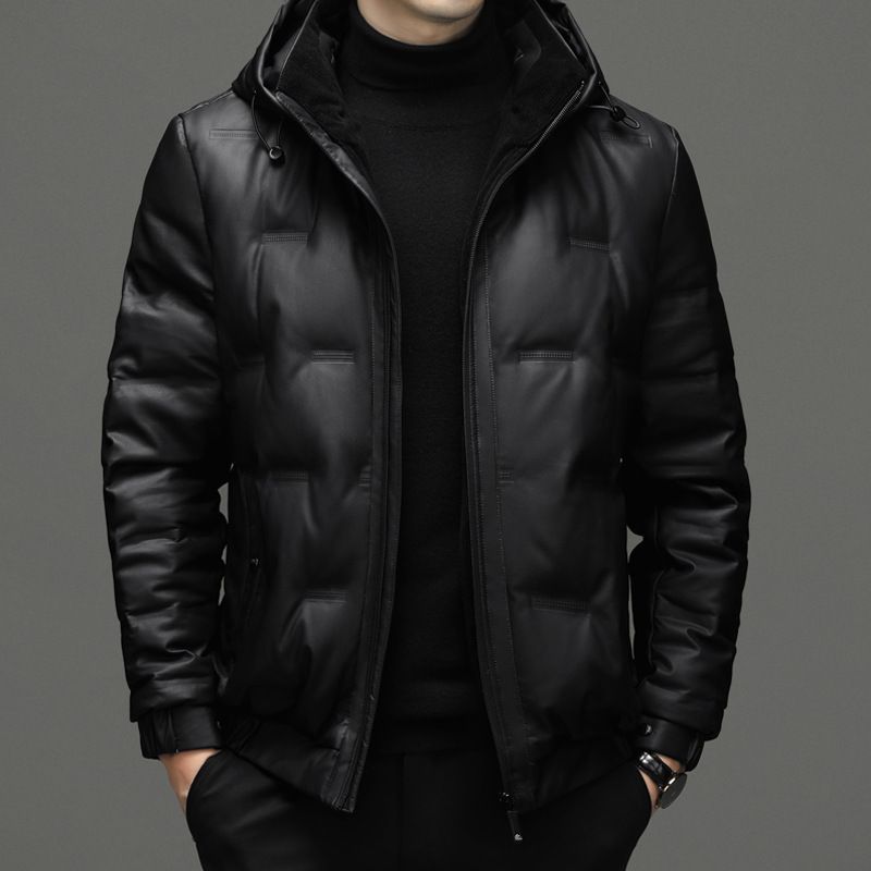 皮衣羽绒服男短款加厚连帽休闲时尚中青年男士冬季皮外套保暖休闲