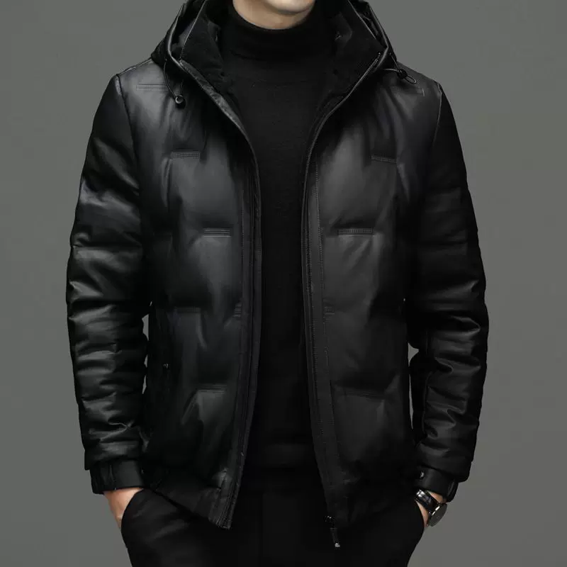 皮衣羽绒服男短款加厚连帽休闲时尚中青年男士冬季皮外套保暖休闲